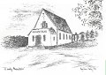 St. Lundby Missionskyrkan. Odaterat. Teckning av Anna-Karin Hurtig 1981. Utgivet av St. Lundby scoutkår.