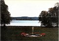 Aspenasgarden, Lerum. Utsikt fran verandan. Daterat maj 1971. Forlag Stiftelsen Aspenasgarden, Lerumgrasmatta med springbrunnen.