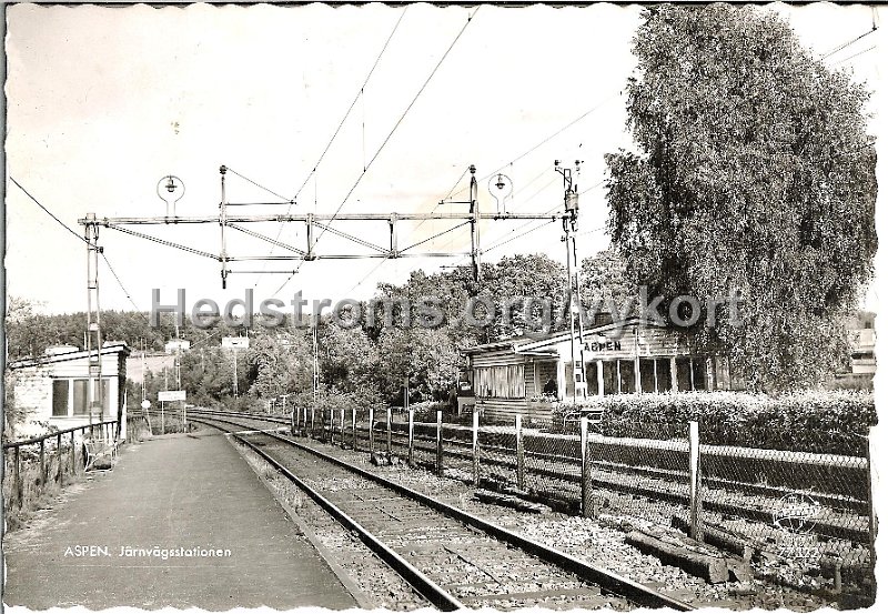Aspen Jarnvagsstationen. Postganget 31 juli 1957. Forlag Pressbyran 77327.jpg - Aspen Järnvägsstationen.Aspens hållplats med Lunnagatan i bakgrunden. Postgånget 31 juli 1957.Förlag Pressbyrån 77327