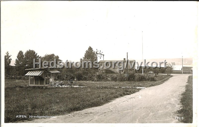 Aspen. Jarnvagsstationen. Postganget. Forlag Pressbyran 19515.jpg - Aspen. Järnvägsstationen.Aspens hållplats med lilla kiosken där senare tennisbanorna låg och nu är det pendelparkering. Sista möjligheten till förfriskningar innan den kurviga landsvägen till Jonsered började.Postgånget.Förlag: Pressbyrån 19515