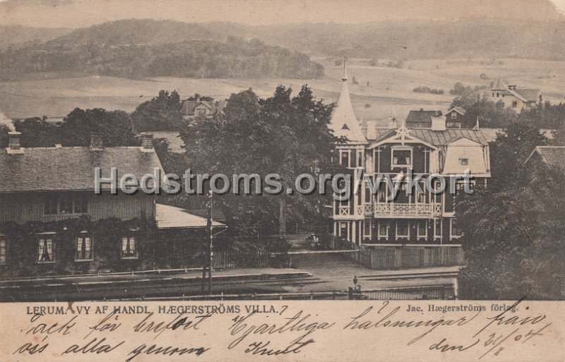 Lerum. Vy af Handlande Hægerstroms villa. Postganget 21 augusti 1904. Jac. Hægerstroms forlag.jpg - Lerum. Vy af Handlande Hægerströms villa.Postgånget 21 augusti 1904.Jac. Hægerströms förlag.