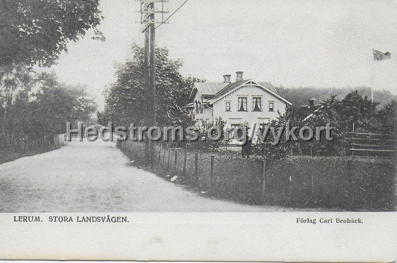 Lerum. Stora Landsvagen. Odaterat. Forlag Carl Broback. Byggnaden ar pensionatet och det ser ut som unionsflaggan.jpeg - Lerum. Stora Landsvägen.Byggnaden är pensionatet och det ser ut som unionsflaggan.Odaterat.Förlag Carl Brobäck.
