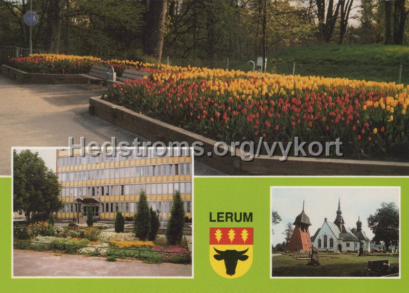 Lerum. Brobacken, Kommunalhuset, Lerums kyrka. Noterat 3 juli 1992. Forlag Lerum Turism.jpg - Lerum.Brobacken, Kommunalhuset, Lerums kyrka.Noterat 3 juli 1992.Förlag Lerum Turism.