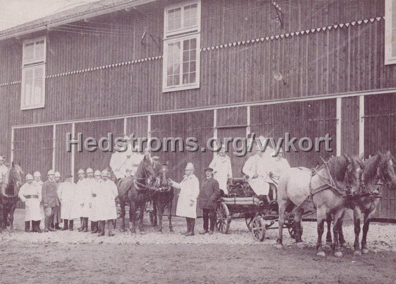 Lerums Frivilliga brandkar ar 1914 vid Almekarr. Postganget 22 januari 1994. Haspen Forlag.jpg - Lerums Frivilliga brandkår år 1914 vid Almekärr.Postgånget 22 januari 1994.Haspen Förlag.