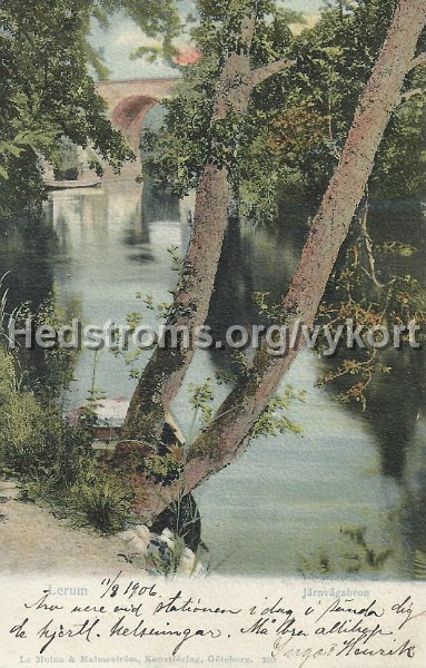Lerum. Jarnvagsbron. Postganget 11 augusti 1906. Le Moine Malmestrom Konstforlag, Goteborg. 289.jpeg - Lerum. Järnvägsbron.Postgånget 11 augusti 1906.Le Moine & Malmeström Konstförlag, Göteborg. 289.