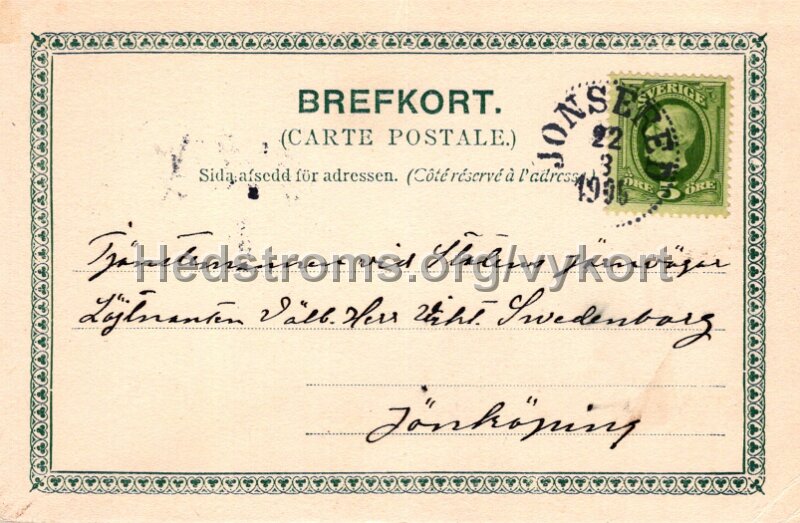 Jonsereds Fabriker och bostader. Postganget 22 mars 1906. Adressida.jpg - Jonsereds Fabriker och bostäder.Postgånget 22 mars 1906.Adresserat till Tjänstemannen vid Statens Järnvägar Löjtnanten Välb. Herr Wihl. Swedenborg, Jönköping