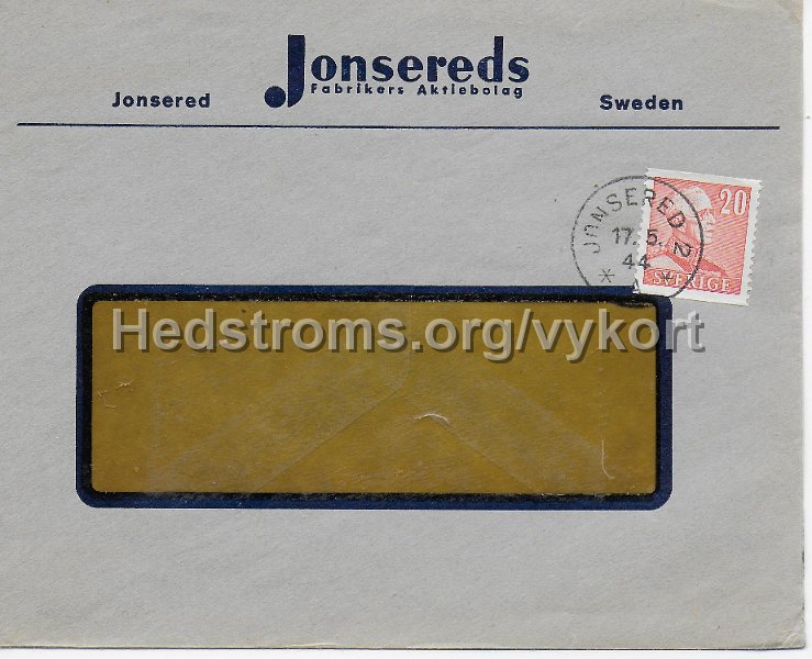 Jonsereds affarskuvert.jpeg - Jonsereds affärskuvert.Postgånget 17 maj 1944.