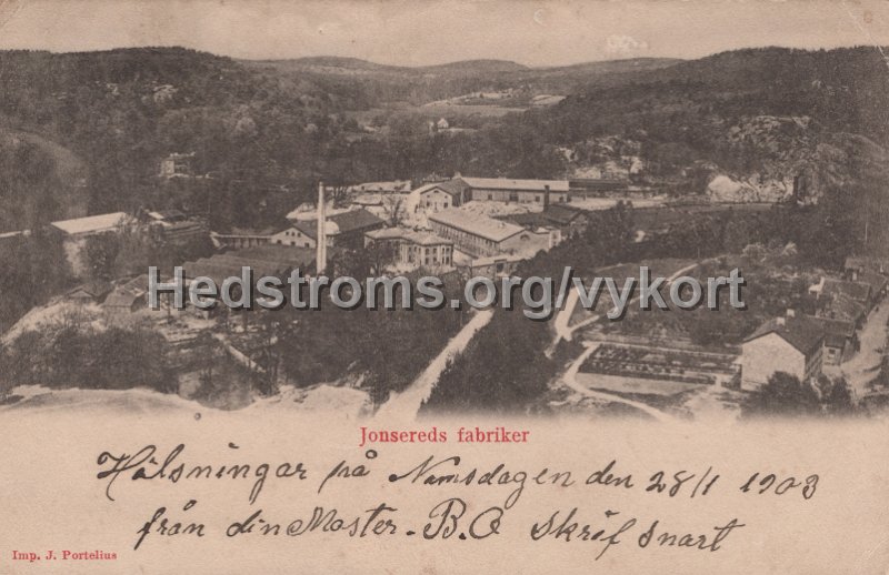 Jonsereds fabriker. Postganget 28 januari 1903. Imp. J. Portelius.jpg - Jonsereds fabriker.Postgånget 28 januari 1903.Imp. J. Portelius.
