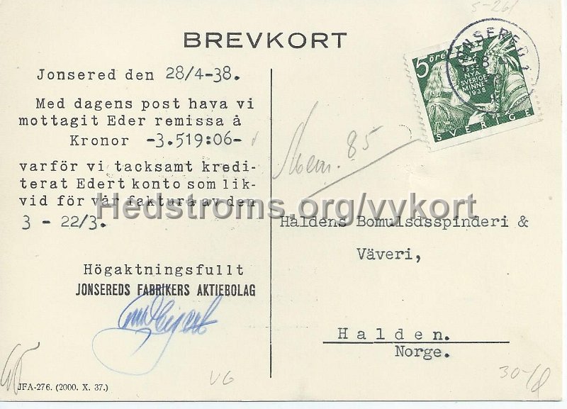 Jonsereds presenningsduk av hellinne. Postganget 18 oktober 1934. Adresssida.jpeg - Jonsereds presenningsduk av hellinne.Postgånget 18 oktober 1934.Adresssida.