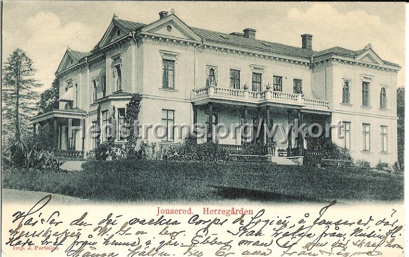 Jonsered. Herregarden. Postganget  september 1902. imp. J. Portelius.jpg - Jonsered. Herregården.Postgånget september 1902.imp. J. Portelius.