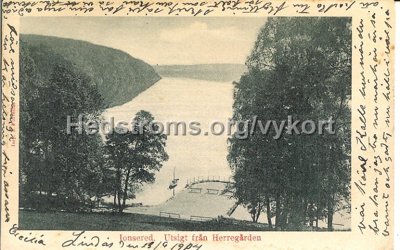Jonsered. Utsigt fran Herregarden. Postganget 18 sept 1904. Imp. J. Portelius.jpeg - Jonsered. Utsigt från Herregården.Postgånget 18 sept 1904.Imp. J. Portelius.