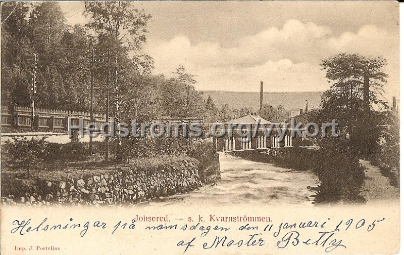 Jonsered. - s.k. Kvarnstrommen. Postganget 11 januari 1905. Imp. J. Portelius.jpg - Jonsered. - s.k. Kvarnströmmen.Postgånget 11 januari 1905.Imp. J. Portelius.