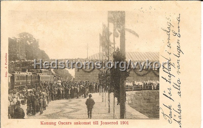 Konung Oscars ankomst till Jonsered 1901. Postganget 12 september 1902. IMP. J. Portelius.jpg - Konung Oscars ankomst till Jonsered 1901.Postgånget 12 september 1902.Imp. J. Portelius.