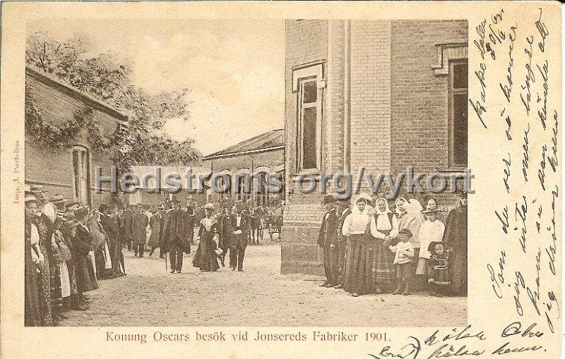 Konung Oscars besok vid Jonsereds Fabriker 1901. Postganget 20 juni 1903. Imp. J. Portelius.jpg - Konung Oscars besök vid Jonsereds Fabriker 1901.Postgånget 20 juni 1903.Imp. J. Portelius.