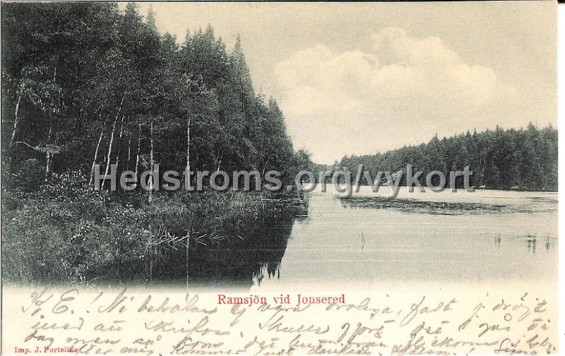 Ramsjon vid Jonsered. Postganget 22 september 1902. Imp. J. Portelius.jpg - Ramsjön vid Jonsered.Postgånget 22 september 1902.Imp. J. Portelius.