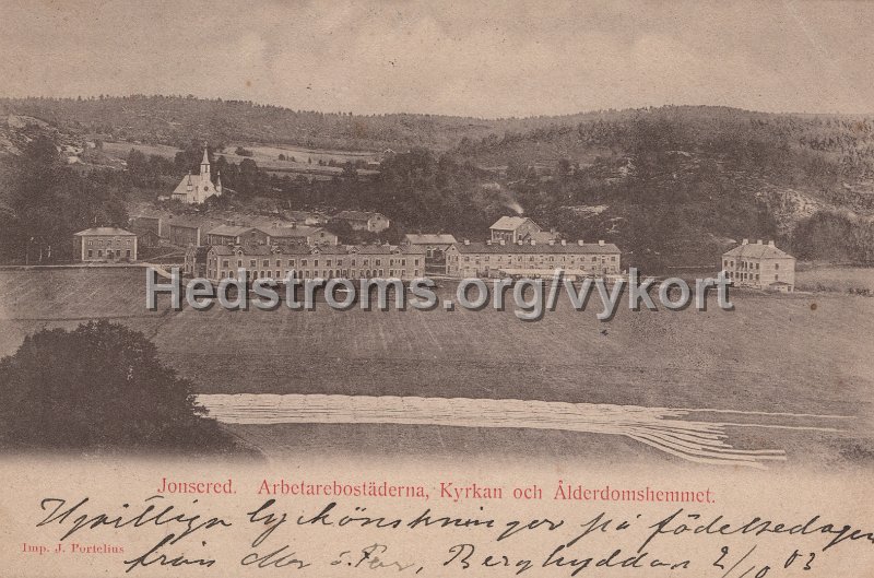 Jonsered. Arbetarebostaderna, Kyrkan och Alderdomshemmet. Postganget 2 oktober 1903. Imp. J. Portelius.jpg - Jonsered. Arbetarebostäderna, Kyrkan och Ålderdomshemmet.Postgånget 2 oktober 1903.Imp. J. Portelius.