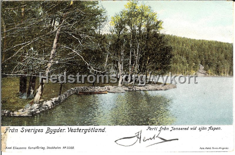Fran Sveriges bygder. Vestergotland. Parti fran Jonsered vid sjon Aspen. Odaterat. Foto Kaleb Torin, Alingsas. Axel Eliassons Konstforlag, Stockholm No. 3368.jpg - Från Sveriges bygder. Vestergötland. Parti från Jonsered vid sjön Aspen.Odaterat.Foto. Kaleb Torin, Alingsås.Axel Eliassons Konstförlag, Stockholm No. 3368.