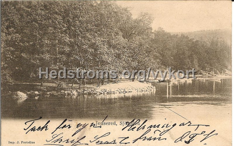 Jonsered, Sjokajen. Postganget 8 november 1902. Imp. J. Portelius.jpg - Jonsered, Sjökajen.Postgånget 8 november 1902.Imp. J. Portelius.