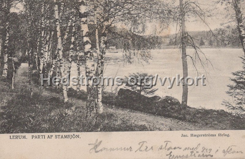 Lerum. Parti af Stamsjon. Postganget 19 mm 1904. Jac. Hægerstroms forlag..jpg - Lerum. Parti af Stamsjön.Postgånget 19 mm 1904.Jac. Hægerströms förlag.