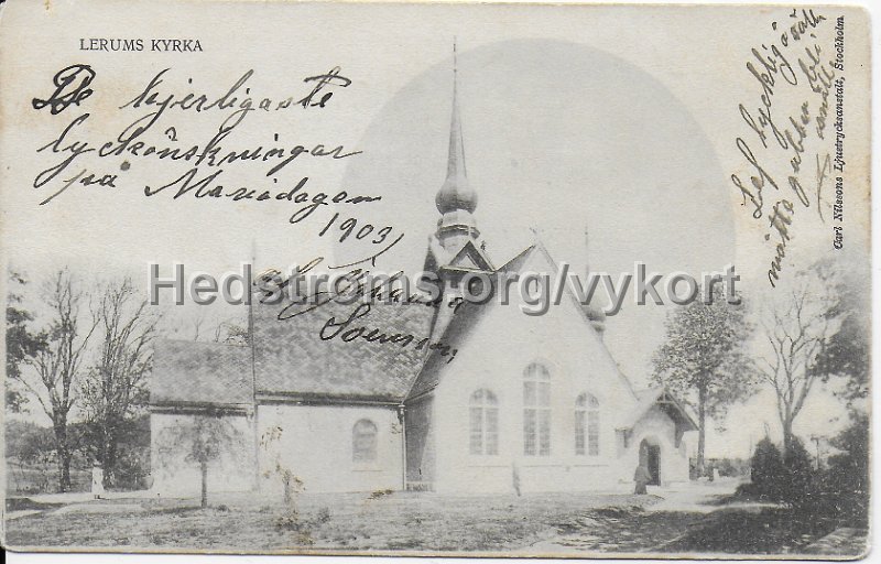 Lerum Kyrka. Postganget Mariadagen 1903. Carl Nilssons Ljustrycksantalt, Stockholm.jpeg - Lerum Kyrka.Postgånget Mariadagen 1903.Carl Nilssons Ljustrycksantalt, Stockholm.