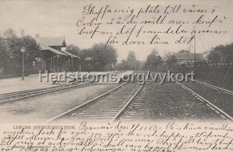 Lerums Jernvagsstation. Postganget 1 november 1903. Orebro Konstindustri A. B.jpg - Lerums Jernvägsstation.Postgånget 1 november 1903.Örebro Konstindustri A. B.