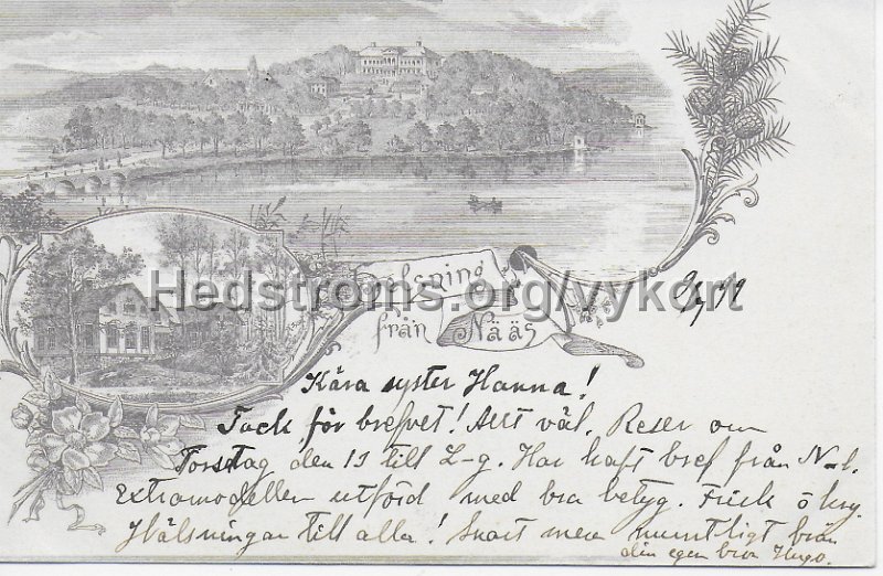 Helsning fran Naas. Postganget 9 april 1899.jpeg - Helsning från Nääs.Postgånget 9 april 1899.