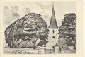 Kullabygden. Vasby kyrka. Odaterat. Tuschteckning med lavyr. Sven T. Kjellberg. Ur Kulturens Skansk Bildalmanacka 1958