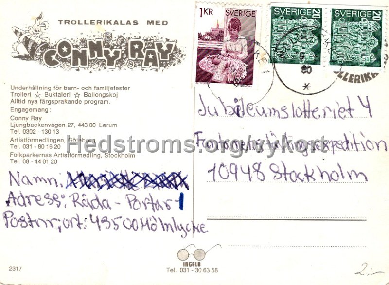 Conny Rays Trollerikalas. Postganget 9 juni 1980 baksida.jpg - Conny Rays Trollerikalas.Postgånget 9 juni 1980.Baksida.