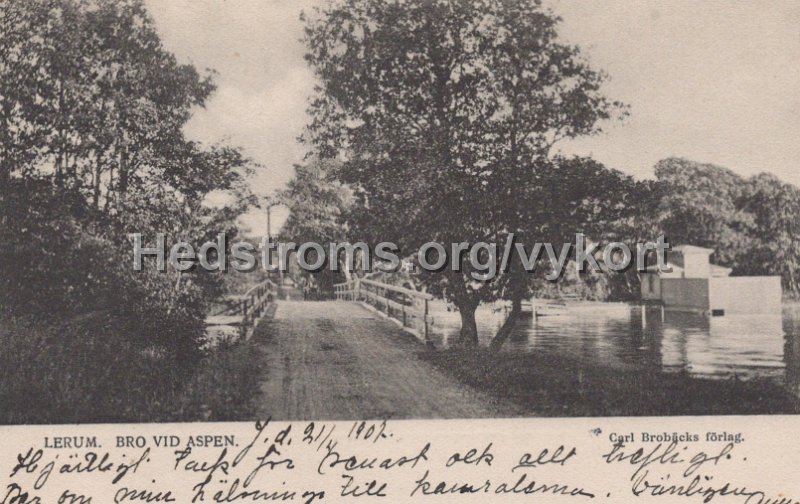 Lerum. Bro vid Aspen. Postganget 21 april 1902. Carl Brobacks forlag.jpg - Lerum. Bro vid Aspen.Postgånget 21 april 1902.Carl Brobäcks förlag.