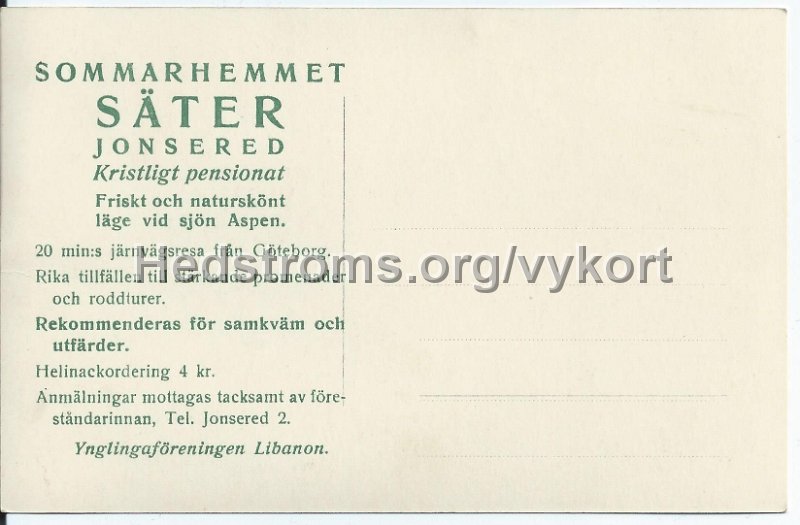 Baksida pa reklamvykort. Ynglingaforeningen Libanons Semesterhem Sater, Jonsered. Utsikt over sjon mot vaster. Odaterat..jpeg - Baksida på reklamvykort. Ynglingaföreningen Libanons Semesterhem Säter, Jonsered.Utsikt över sjön mot väster.Odaterat.